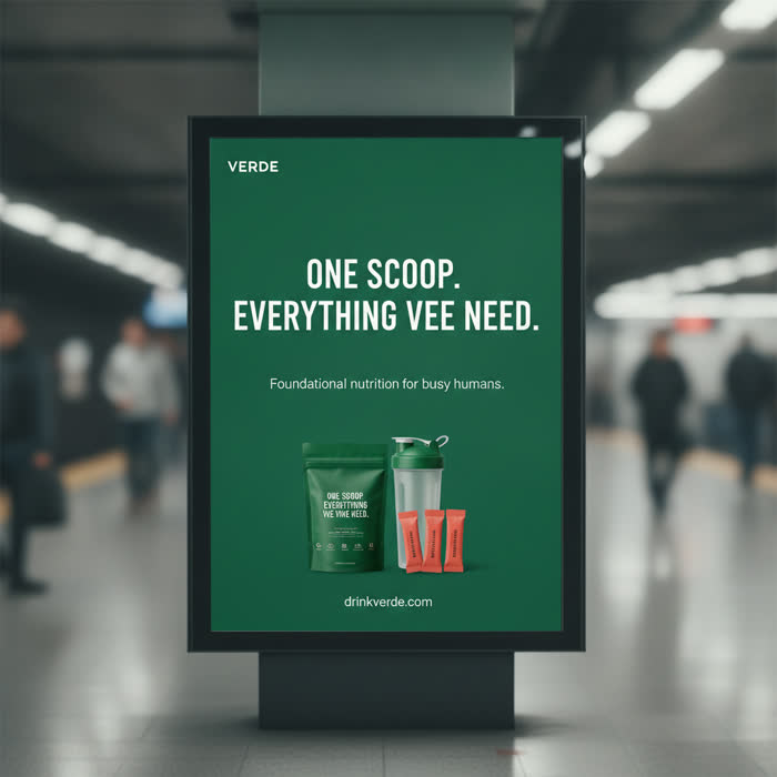 AdForge sample: a green nutrition ad on a station billboard