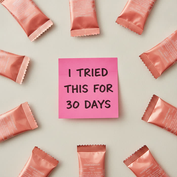 AI-generated ad: handwritten sticky note surrounded by product sachets
